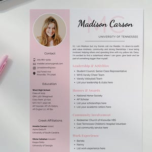 Sorority Resume Template and Cover Letter, Social Resume with Photo, Pink Sorority Resume Template, Sorority Rush Pack, Cute Social Resume