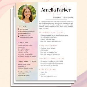 May include: A resume template with a photo of a smiling woman. The document includes contact information, education, Greek affiliations, leadership and activities, honors and awards, community involvement, and work experience. The name "Amelia Parker" is at the top.