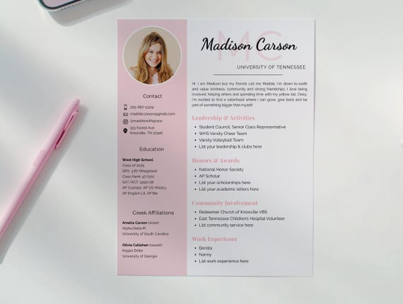 Sorority Resume Template and Cover Letter, Social Resume with Photo, Pink Sorority Resume Template, Sorority Rush Pack, Cute Social Resume