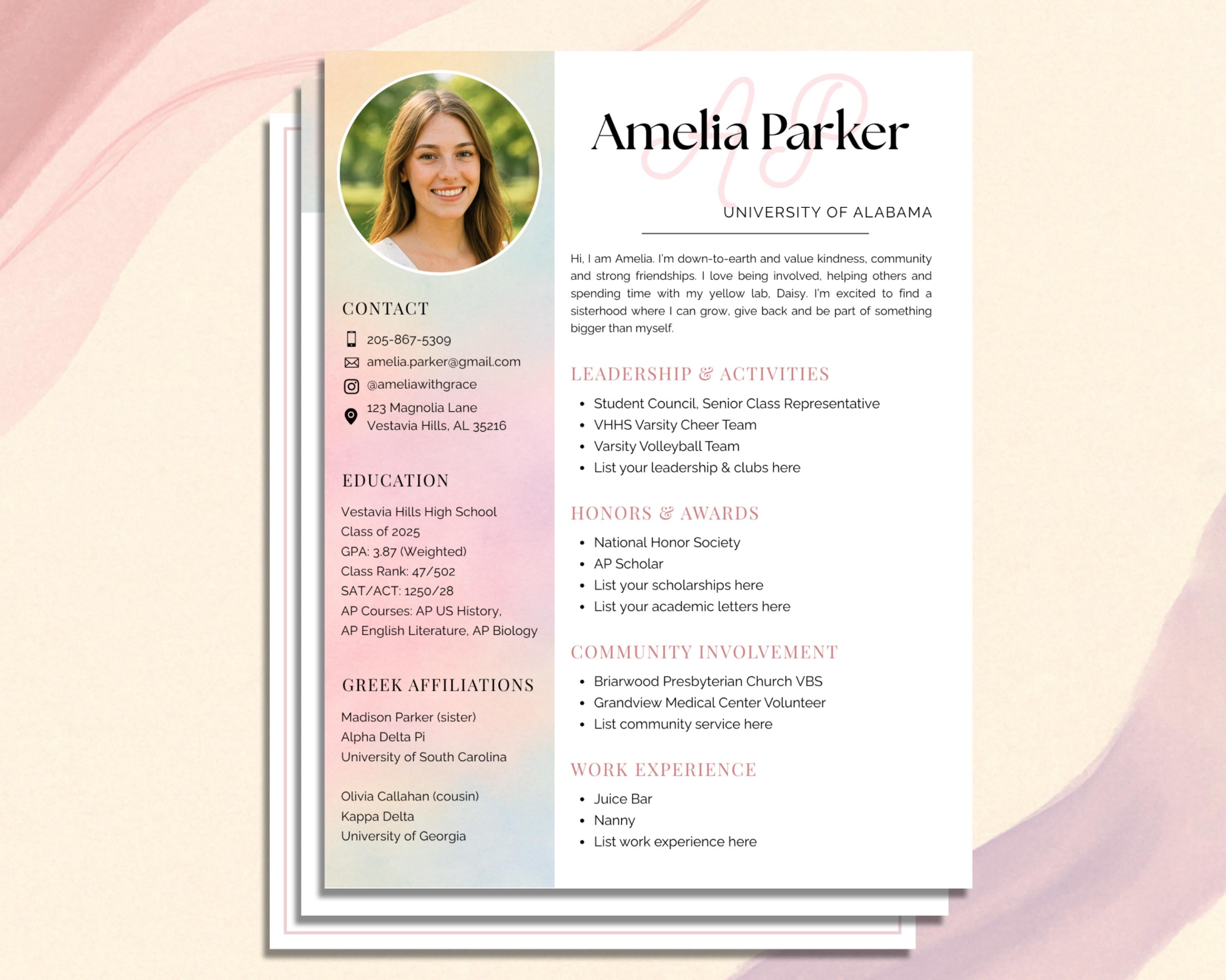 Sorority Resume Template Kit, Editable Recruitment Cover Letter and Thank You, Cute Ombre Pink Canva, Sorority Rush Pack with Guide