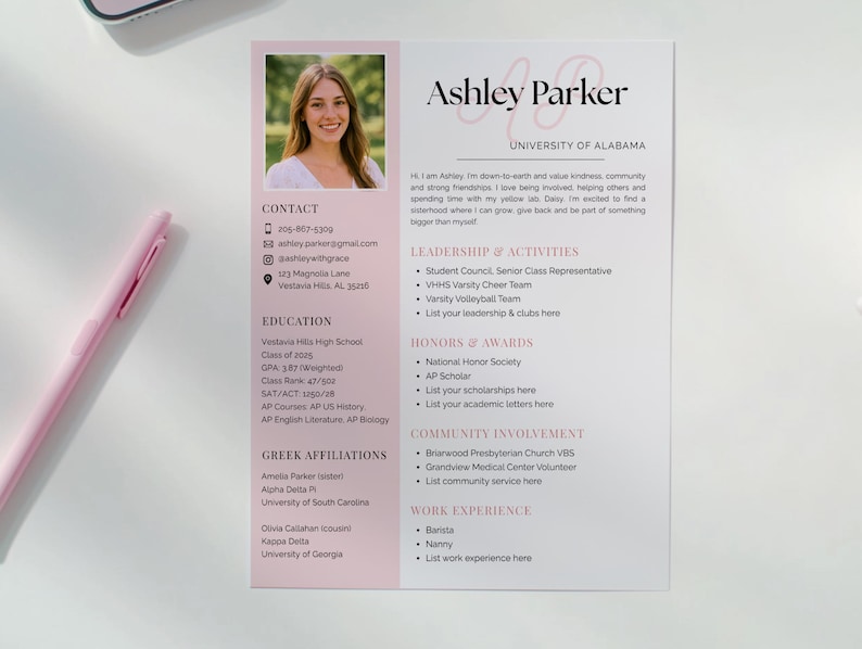 Sorority Resume Template and Cover Letter, Social Resume with Photo, Pink Sorority Resume Template, Sorority Rush Pack, Cute Social Resume image 8