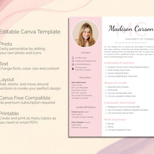 May include: A pink and white resume template with the name "Madison Carson" at the top. The template includes sections for contact information, education, leadership, honors, community involvement, and work experience. The text "Editable Canva Template" is at the top left.
