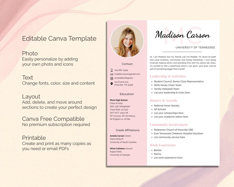 May include: A pink and white resume template with the name "Madison Carson" at the top. The template includes sections for contact information, education, leadership, honors, community involvement, and work experience. The text "Editable Canva Template" is at the top left.