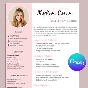 May include: A resume template with a photo of a smiling woman, Madison Carson, and her contact information. The resume includes sections for education, leadership, honors, and community involvement. A Canva logo is in the bottom right corner.
