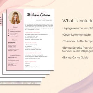May include: A resume template with a pink and white design. The resume includes a photo, contact information, education, and work experience sections. The text "Madison Carson" is at the top. Included are a cover letter, thank you letter, and guides.