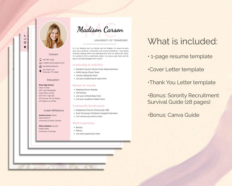 May include: A resume template with a pink and white design. The resume includes a photo, contact information, education, and work experience sections. The text "Madison Carson" is at the top. Included are a cover letter, thank you letter, and guides.