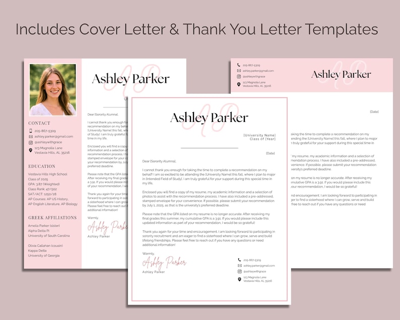 Sorority Resume Template and Cover Letter, Social Resume with Photo, Pink Sorority Resume Template, Sorority Rush Pack, Cute Social Resume image 3