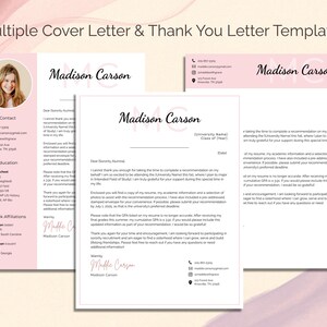 May include: A collection of cover letter and thank you letter templates. The templates feature a pink and white color scheme with the name "Madison Carson" in a handwritten font. The design includes a photo and contact information.