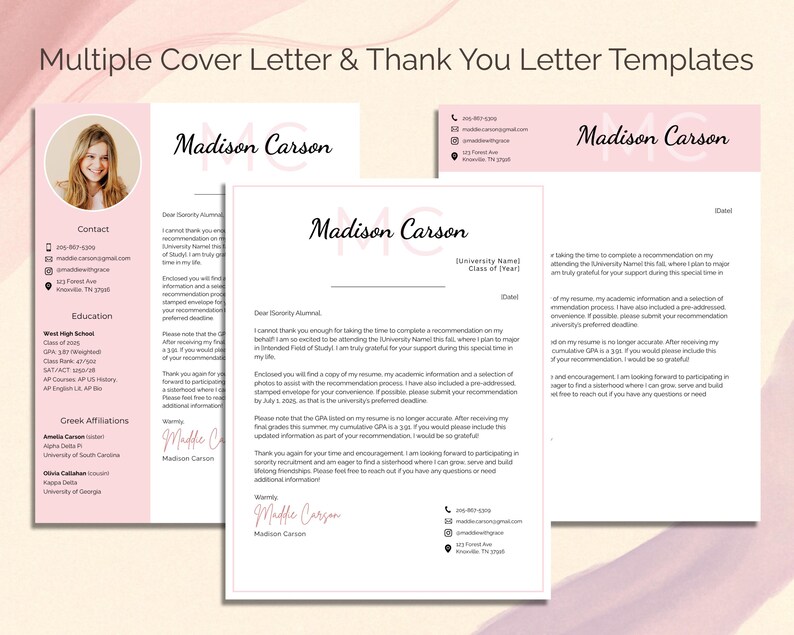 May include: A collection of cover letter and thank you letter templates. The templates feature a pink and white color scheme with the name "Madison Carson" in a handwritten font. The design includes a photo and contact information.