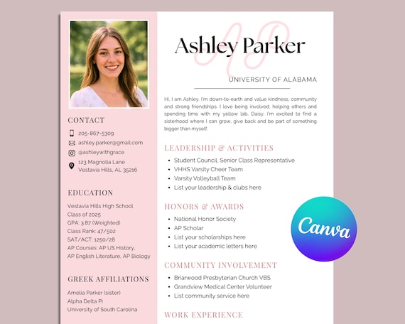 Sorority Resume Template and Cover Letter, Social Resume with Photo, Pink Sorority Resume Template, Sorority Rush Pack, Cute Social Resume