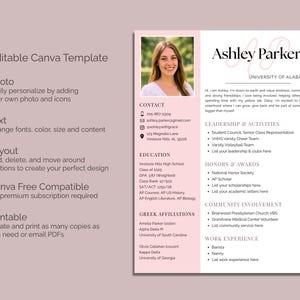 Sorority Resume Template and Cover Letter, Social Resume with Photo, Pink Sorority Resume Template, Sorority Rush Pack, Cute Social Resume image 2