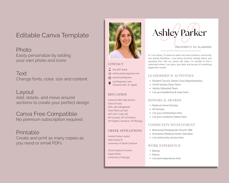 Sorority Resume Template and Cover Letter, Social Resume with Photo, Pink Sorority Resume Template, Sorority Rush Pack, Cute Social Resume image 2