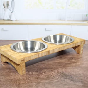 Elevated Bamboo Cat & Small Dog Feeder: Stainless Steel Bowls