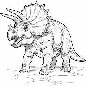Könnte beinhalten: Eine Schwarzweiß-Zeichnung eines Triceratops-Dinosauriers. Der Dinosaurier blickt nach rechts und hat drei Hörner auf dem Kopf, einen Nackenschild und einen kurzen Schwanz.