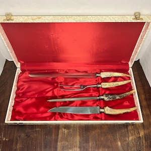 Vintage Solingen Germany 4 Pc Stag Antler Stainless Carving Set In Box