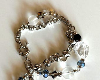 Handmade Dolphin Charm Bracelet - Crystal Beaded Bracelet with Frosted Glass & Metal Chain - Ocean Jewelry