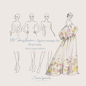 May include: 10 fashion figure stamps for Procreate, Red carpet edition.  These digital stamps are perfect for fashion illustration and design.  The stamps feature a variety of poses, including standing, sitting, and walking.