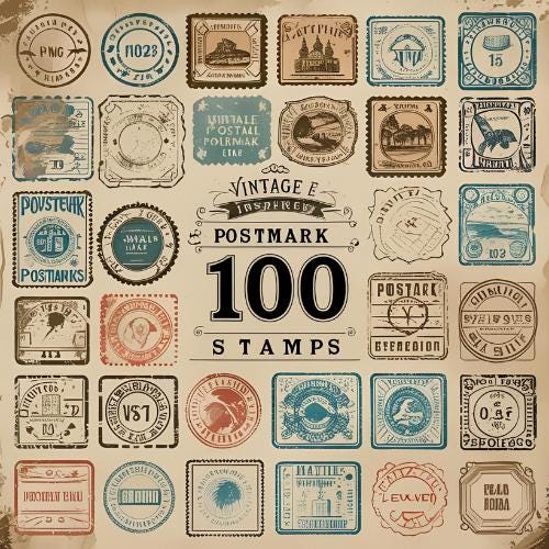 100 Postmark Stamps SVGPNG Bundle" offers a collection of 100 vintage-style postmark stamp designs in both SVGPNG formats