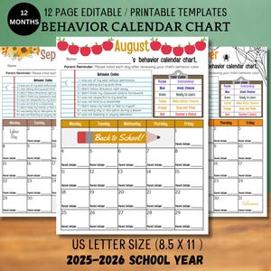 May include: Printable behavior calendar chart templates for 12 months. The calendar includes sections for behavior codes, color codes, and parent initials. The calendar is US Letter size (8.5 x 11 inches) and covers the 2025-2026 school year.