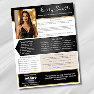May include: A promotional flyer for Emily Smith, a keynote speaker, entrepreneur, and business coach. The flyer includes a photo of Emily, speaking topics, audience takeaways, and testimonials. The design is black and gold.