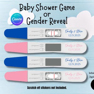 Op de afbeelding: Baby shower of gender reveal game template met vier zwangerschapstestontwerpen. Twee tests hebben blauwe doppen, twee roze. Elke test toont de namen "Emily & Steve" en de datum 12.15.2025.