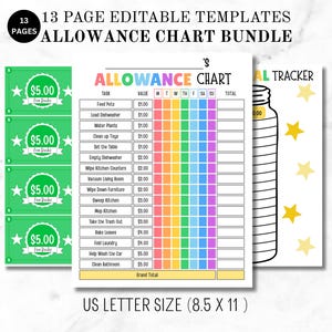 May include: A bundle of 13 editable allowance chart templates. The main chart features a colorful design with task categories and a weekly schedule. Includes green $5.00 bills and a savings tracker. The size is US Letter (8.5 x 11 inches).