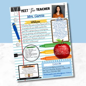 May include: A colorful teacher meet-and-greet flyer with a photo of a smiling woman. The flyer includes sections for welcome, favorites, fun facts, and contact information. The design features a pen, apple, and school-themed elements.