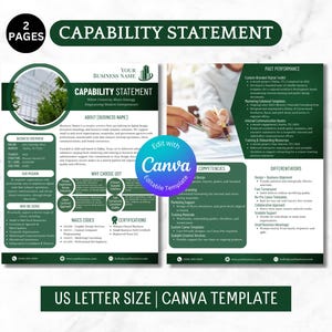 Op de afbeelding: Een Capability Statement-sjabloon van twee pagina's in US Letter-formaat. Het ontwerp heeft een groen-witte kleurstelling met tekst en afbeeldingen. De Canva-sjabloon bevat secties voor bedrijfsoverzicht, missie en prestaties uit het verleden.