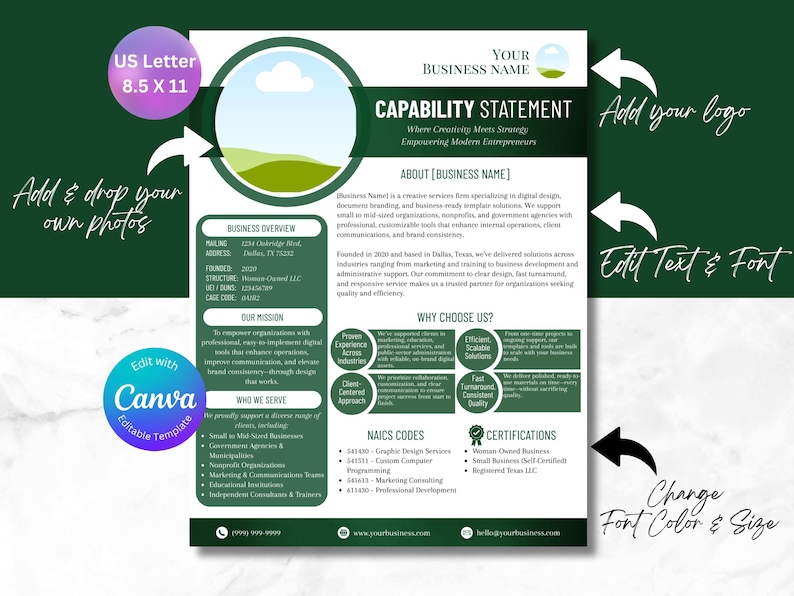 Editable Capability Chart Capability Statement Canva Template | Editable 2-page Business Overview ...