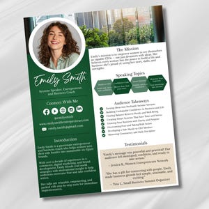 May include: A promotional flyer for Emily Smith, a keynote speaker, entrepreneur, and business coach. The flyer features a headshot, contact information, speaking topics, and audience takeaways. The color scheme is green and white.