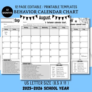 Op de afbeelding: Printbare gedragskalender met 12 maanden, bewerkbare sjablonen en een US Letter-formaat (21,6 x 27,9 cm). De kalender bevat secties voor elke maand, gedragscodes en kleurcodes voor het schooljaar 2025-2026.