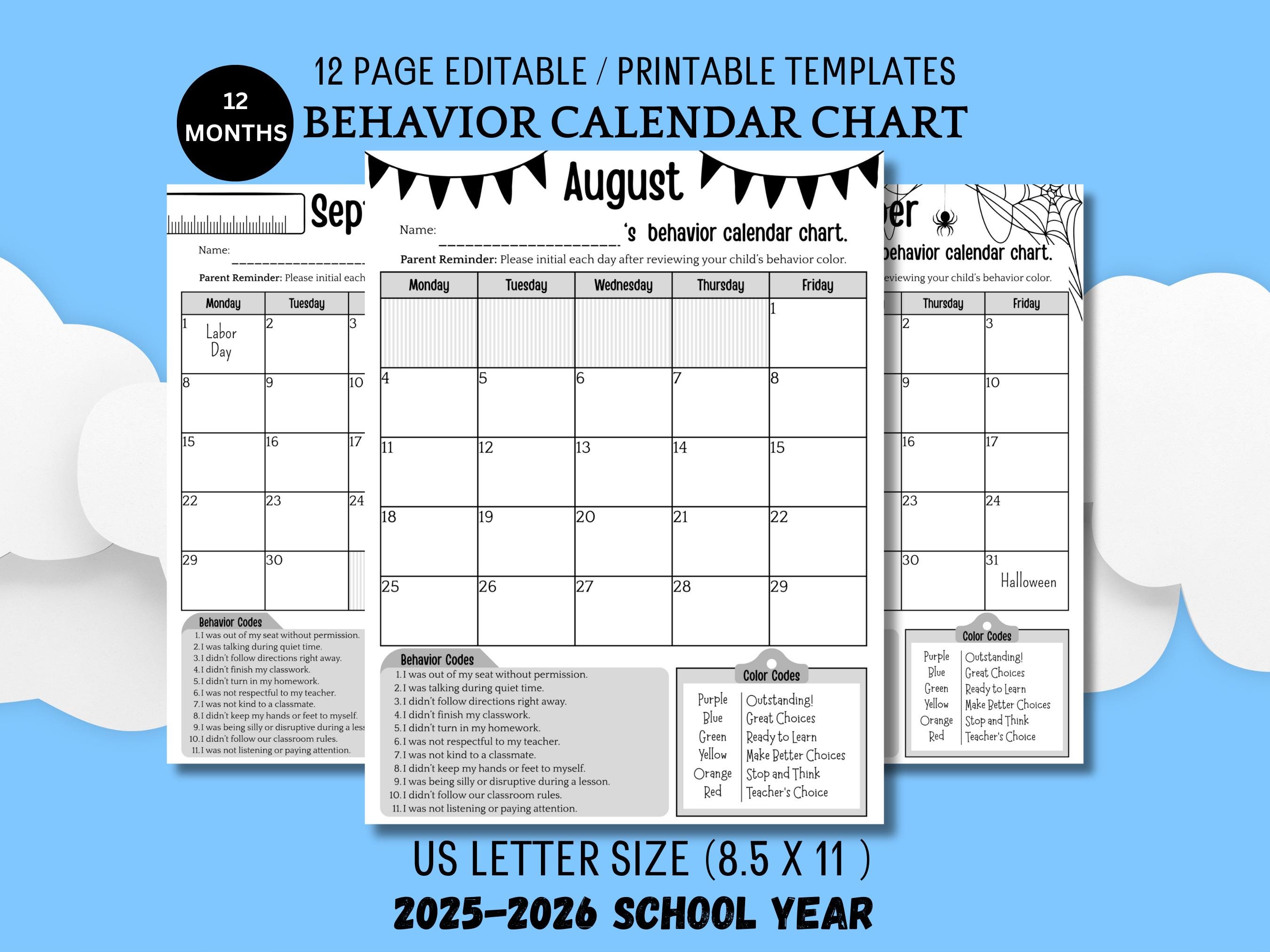 Editable Student Behavior Chart: Color Coded Classroom Calendar (canva ...