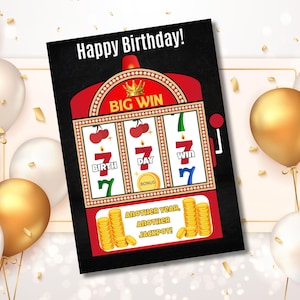 Tarjeta de cumpleaños de casino / Tarjeta de cumpleaños imprimible / Tragamonedas divertidas / Plantilla Canva editable / Descarga instantánea / Tarjeta de casino de 5x7
