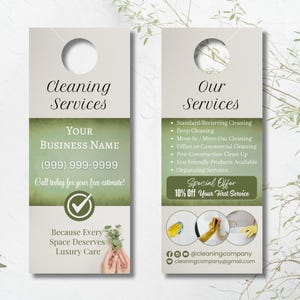 Editable Cleaning Service Door Hanger Template: Elegant Green Design (Canva Template)