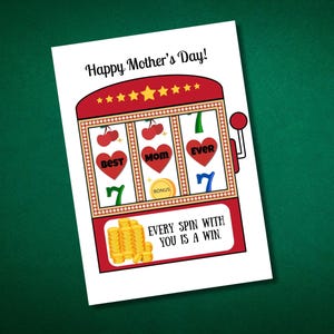 Tarjeta imprimible para el Día de la Madre con temática de casino / Tarjeta de tragamonedas para mamá / Tarjeta divertida y dulce con el Gran Premio para mamá / Tema de la Reina de Corazones de Las Vegas