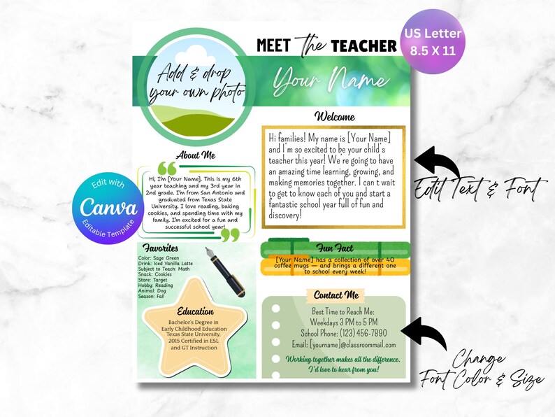 Editable Meet the Teacher Template: Calming Green Theme (canva Design ...