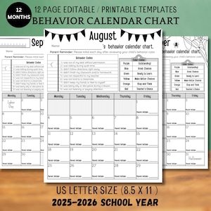 May include: A printable behavior calendar chart with the text "12 Months" and "Behavior Calendar Chart." The calendar includes sections for the months of August, September, and October, with a color code key and behavior codes. The size is US Letter (8.5 x 11).