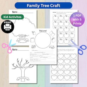 May include: Family Tree Craft printable activity sheets. Includes tree diagrams, apple and heart templates, and a 'This is me!' worksheet. Features the text 'Kid Activities' and '1 PDF with 5 Prints'. Ideal for family projects.
