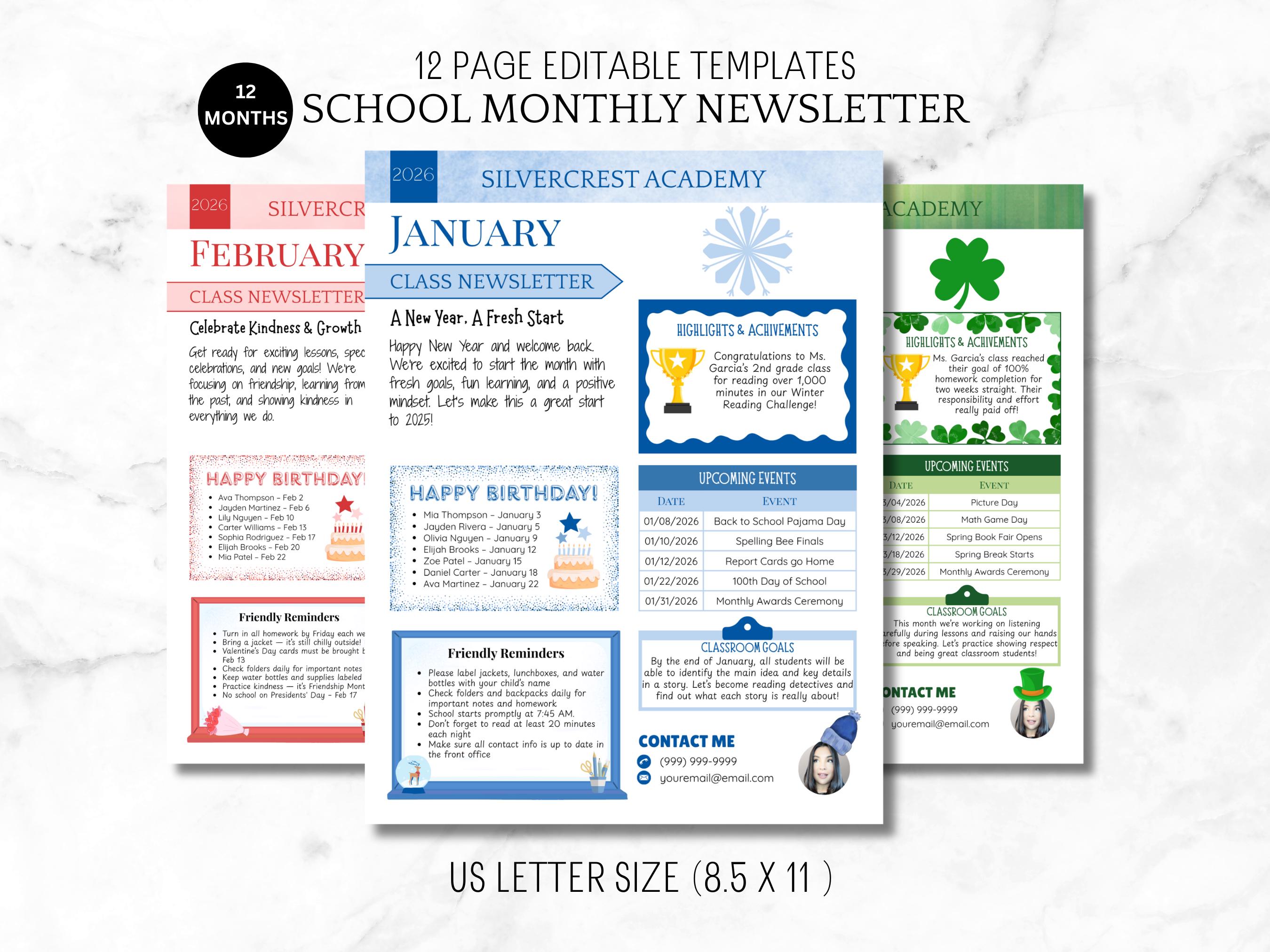 Editable School Newsletter Template: Monthly Classroom Updates (Canva Printable, Digital Download)