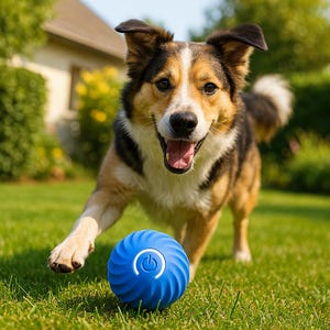 Op de afbeelding: Een bruine en witte hond met zwarte markeringen rent naar een blauwe, getextureerde, ronde bal met een witte aan/uit-knop. De bal ligt op een groene grasmat.
