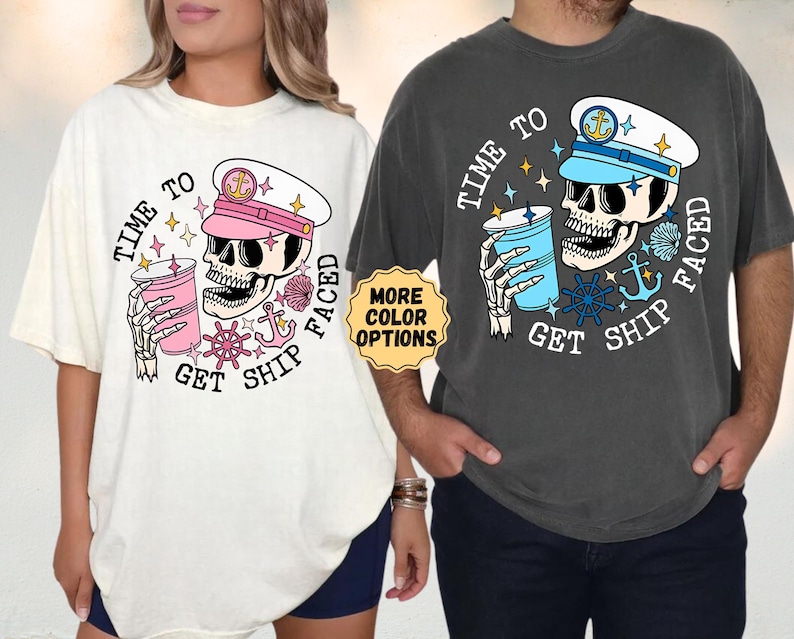 Comfort Colors® Time to Get Ship Faced Skull Shirt, Funny Couple Cruise Shirts, Cruise Vacation Tee, Honeymoon Shirt, Couple Matching Tee zdjęcie 3