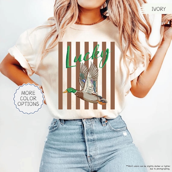 Comfort Colors® Lucky Duck Shirt, Striped Lucky T-shirt, Preppy Mallard Duck Tee, Eclectic Grandpa Style Shirt, Trendy Flying Duck Shirt