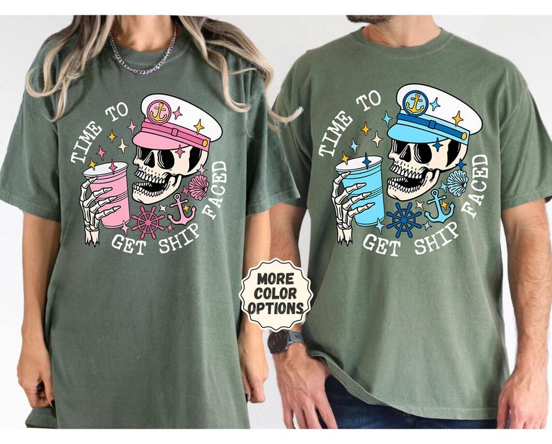 Comfort Colors® Time to Get Ship Faced Skull Shirt, Funny Couple Cruise Shirts, Cruise Vacation Tee, Honeymoon Shirt, Couple Matching Tee zdjęcie 4