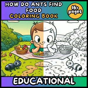 May include: A children's coloring book cover titled "HOW DO ANTS FIND FOOD COLORING BOOK" with the word "EDUCATIONAL" at the bottom. The image features a boy, half coloured and half in black and white, with illustrations of ants and food.