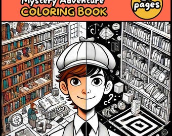 Puede incluir: Portada de un libro para colorear titulado "Library of Clues A Whimsical Mystery Adventure Coloring Book". La imagen presenta un detective de dibujos animados con la cara medio coloreada, sobre un fondo de biblioteca, con 20 páginas.