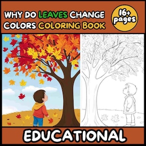 May include: A coloring book titled "WHY DO LEAVES CHANGE COLORS COLORING BOOK" with a colorful illustration of a tree with red, orange, and yellow leaves. A child looks up at the tree. The book has 16+ pages and is labeled "EDUCATIONAL".