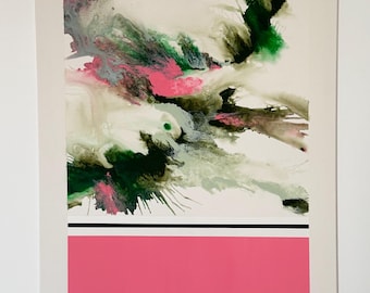 Unique abstract artwork, pink and green acrylic painting, 73x100cm