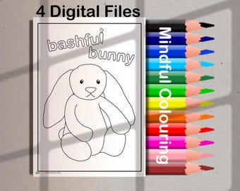 Página para colorear de peluche de conejito tímido - Actividad de coloración consciente - Inspirada en Jellycat (PDF y JPG)