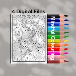 Bunny Plushies Colouring Page - Mindful Coloring - Inspired by JellyCat Bunnies - PDF and JPG Digital Print At Home Pages