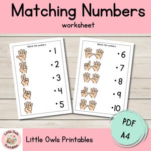 May include: A printable worksheet for kids to practice matching numbers with images of hands showing the corresponding number of fingers. The worksheet has the title "Matching Numbers" and the text "Match the numbers" at the top of each page.